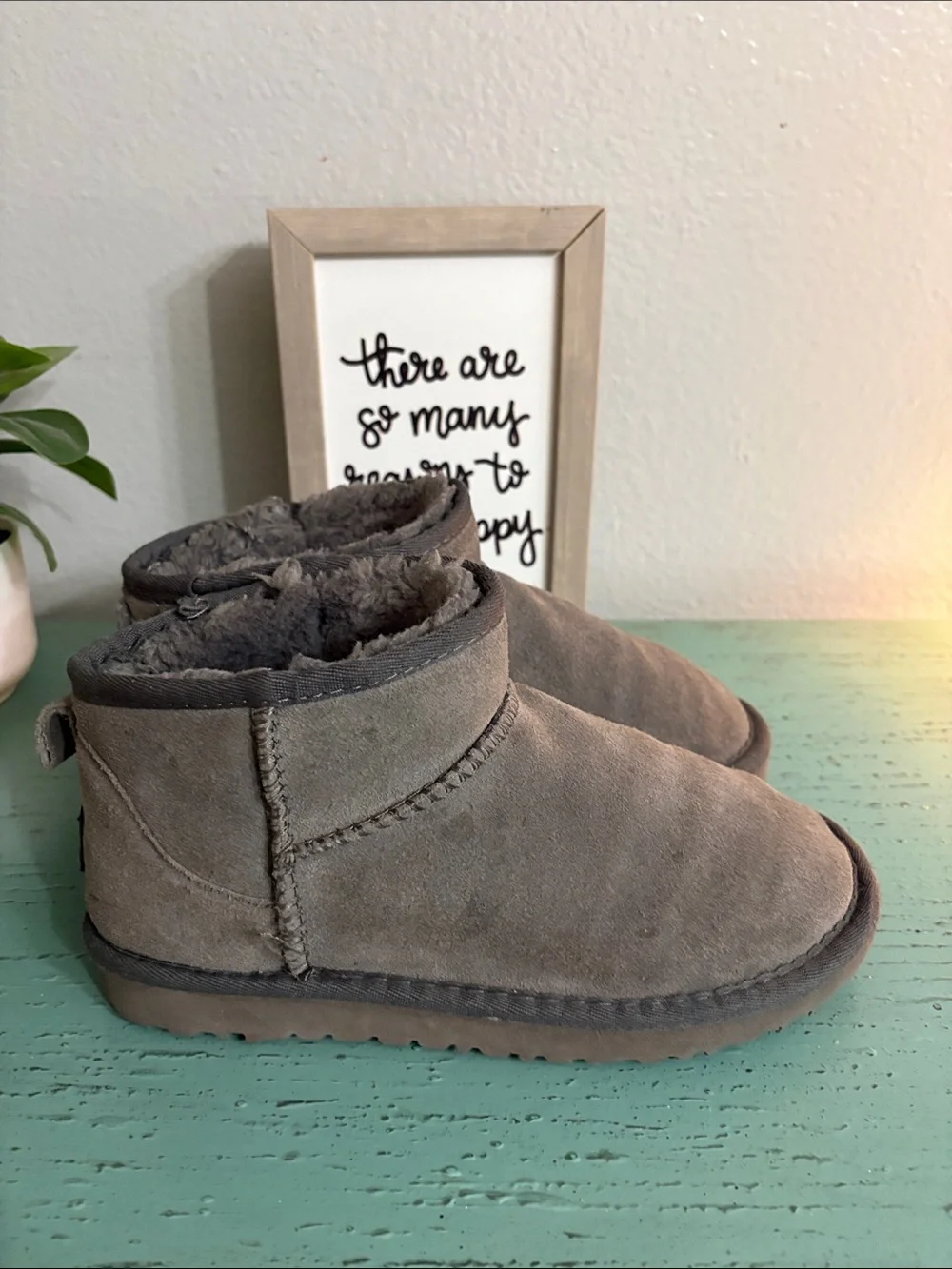 Wos Gray Suede Cozy Ugg Booties - Plush Lining